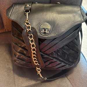 Elliott Lucca Teba Convertible Backpack – Black Woven Leather Gold Turn Lock